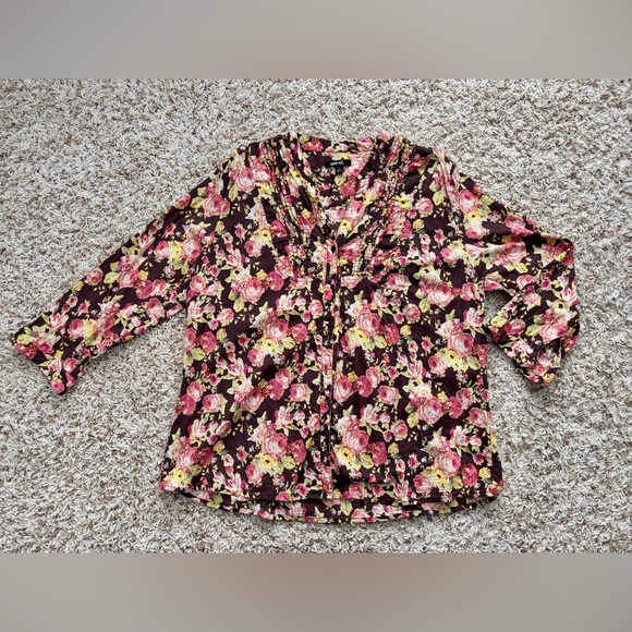 torrid Tops - Torrid Brown Floral Blouse with Pink and Yellow Accents